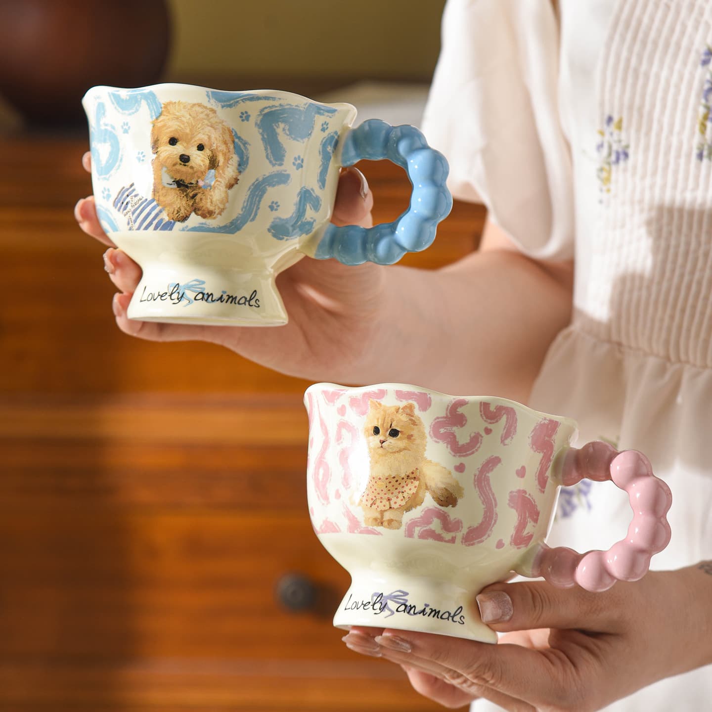 Cute Cartoon Cat and Dog Stemmed Mug, Soft Ceramic Coffee Cup, Creative Gift for Women, Couples, Birthday