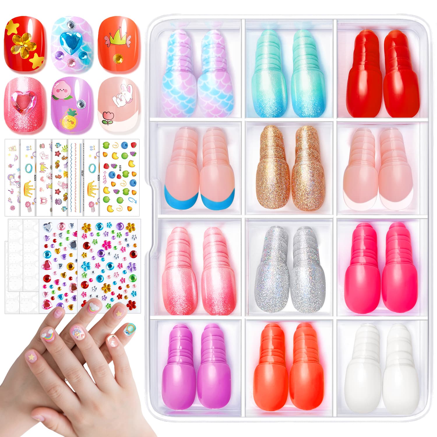 Cross-border 12-Piece Girls Kids Press-On Nail Tips False Nails Colorful Rhinestone Nail Art Set