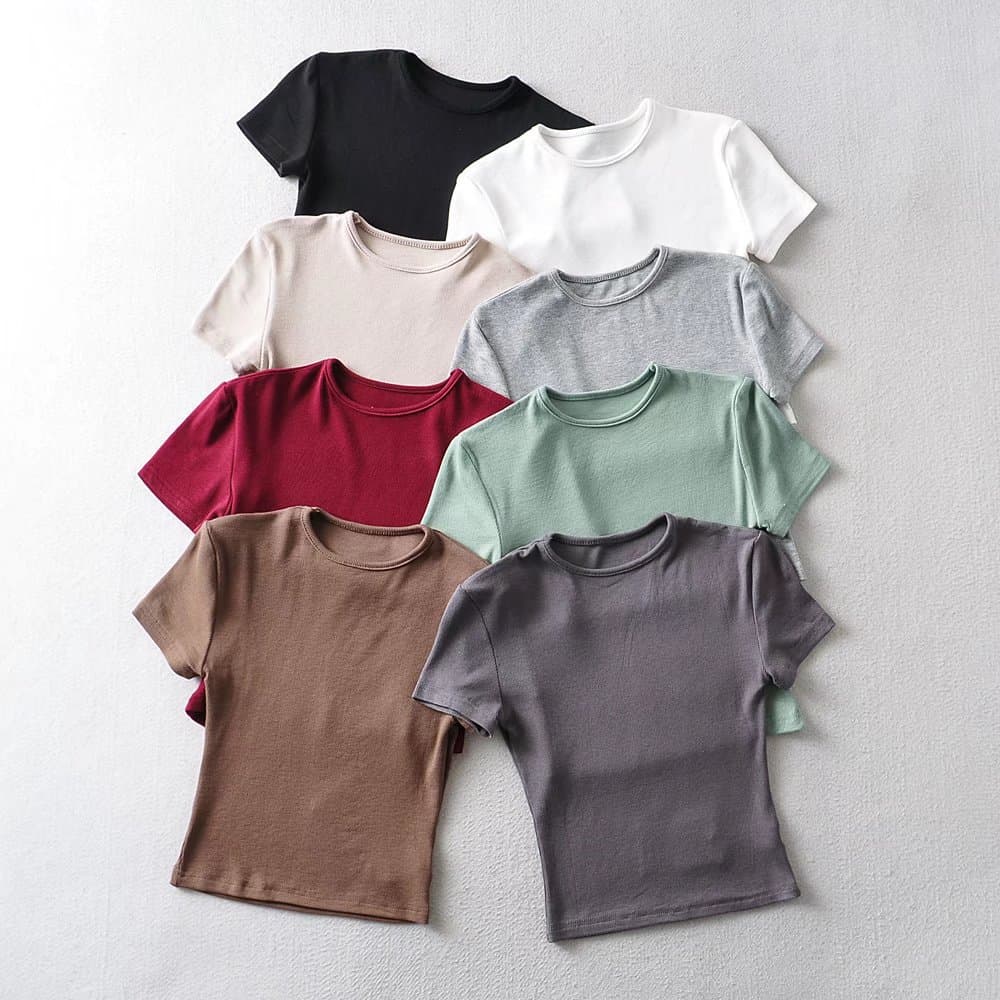 Mrs. Jin's Same Style Slim-Fit Small Round Neck T-Shirt American Sexy Sports Casual Fitness Knitted Short Crop Top