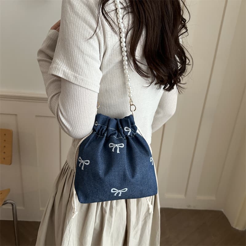 2026 New Large Capacity Casual Shoulder Bag Denim Canvas Bag Women's Bow Sweet Style Beaded Chain Dumpling Bag