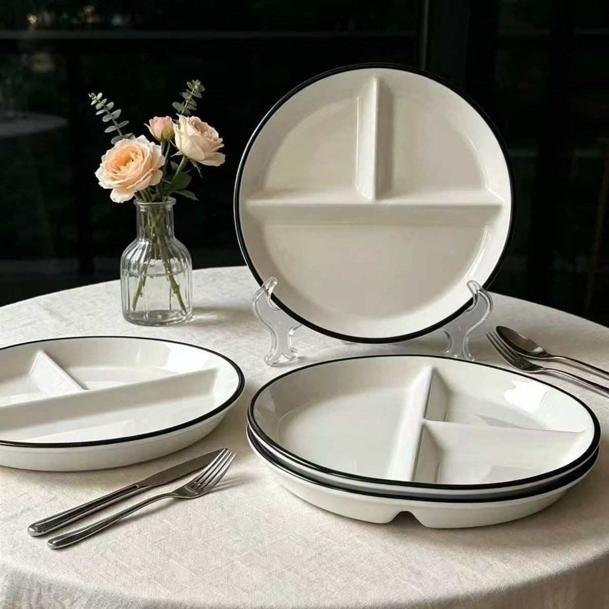 Ceramic Divided Plate Household 3-Compartment Dinner Plate Nordic Style Breakfast Plate Single Serving Portion Plate Minimalist Ins Style Plate