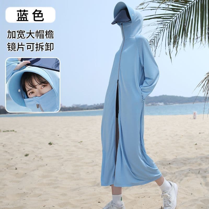 Long Full-Body Sun Protection Shirt for Women, UV-Proof, Outdoor Ice Silk Sunscreen Top with Black Visor Brim, Wear-Out Design