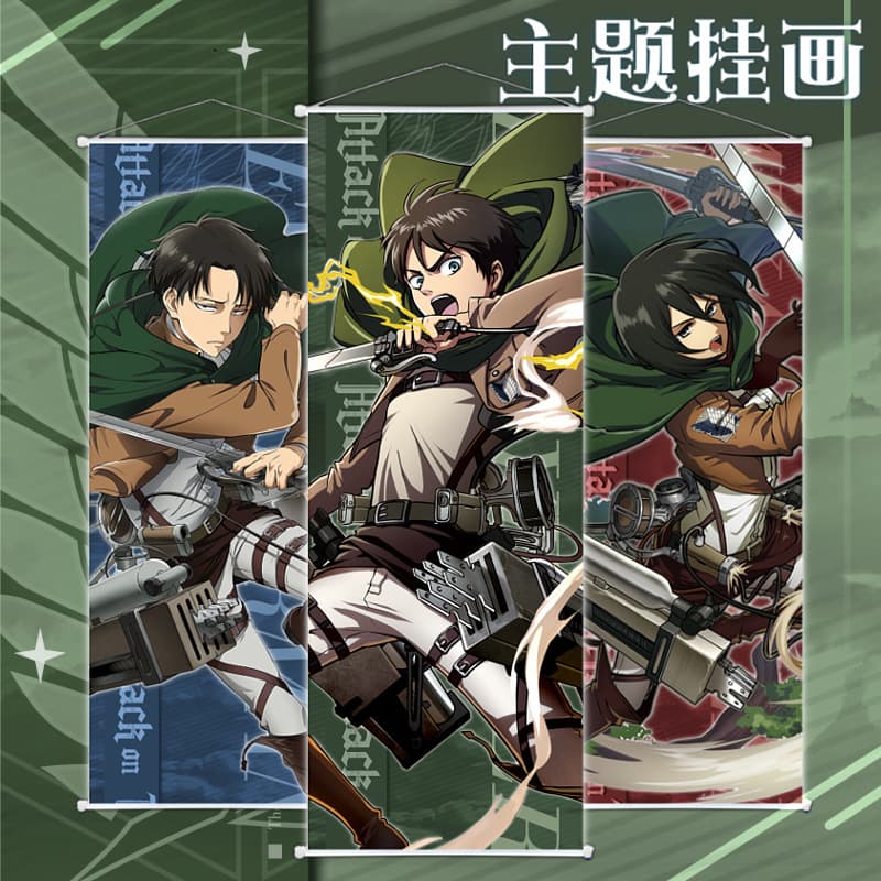 Attack on Titan Hanging Scroll Canvas Poster - Eren, Levi, Mikasa Peach Velvet Rolled Art