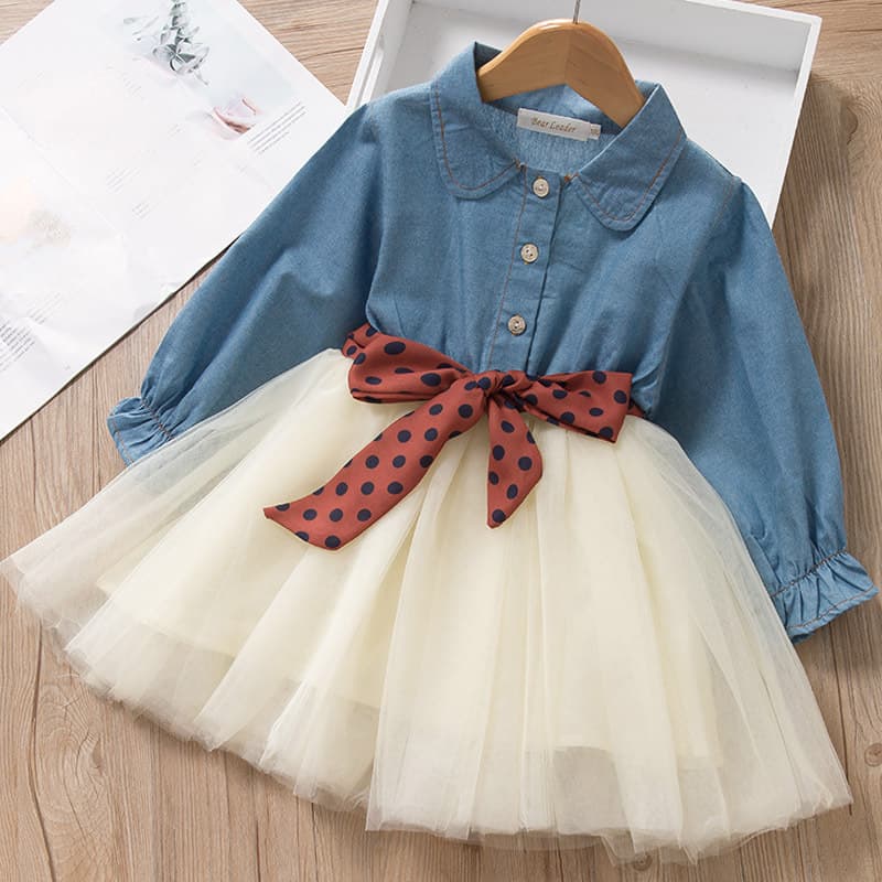 Girls' Dress for Toddlers and Children, New Autumn Style, Long-Sleeve Denim Tulle Skirt, Baby Dress, Korean Fashion Trend