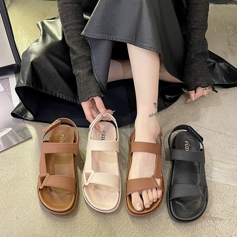 New Women's Summer Sandals, Solid Color One-Strap Open-Toe Velcro Flat Sandals, Beach Sandals