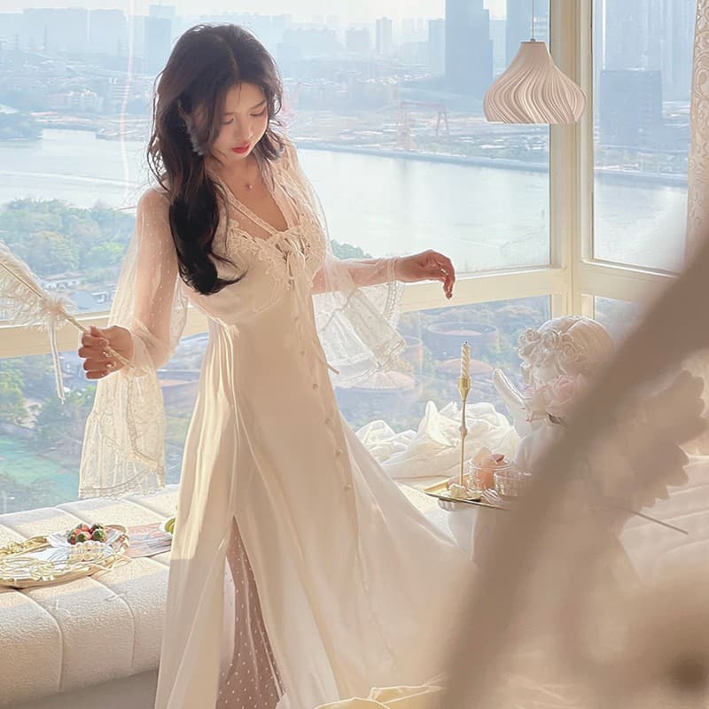 Summer Women's Satin Lace Flare Sleeve Nightgown Long Princess Style Premium with Built-in Bra Loungewear