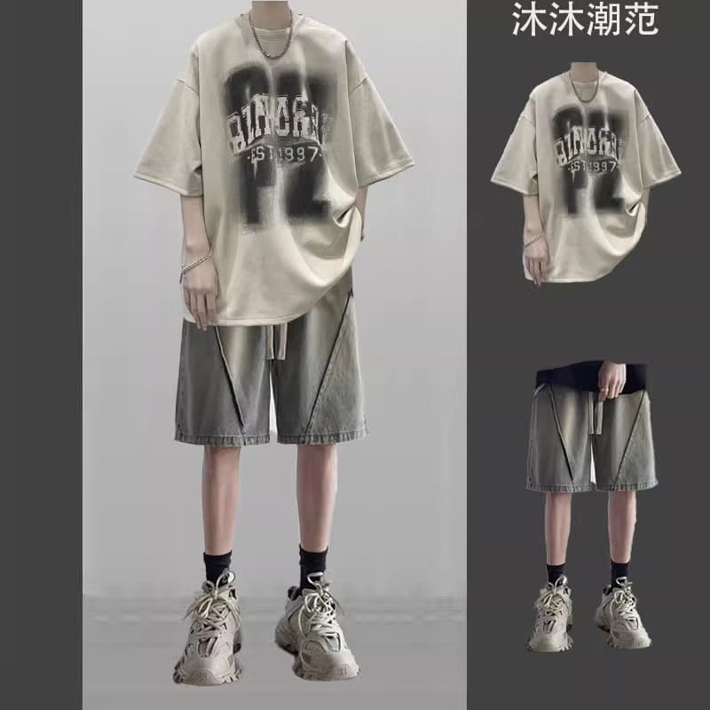 Men's Summer Short Sleeve T-Shirt Set, Trendy Loose Fit, Cool Denim Shorts Two-Piece Outfit