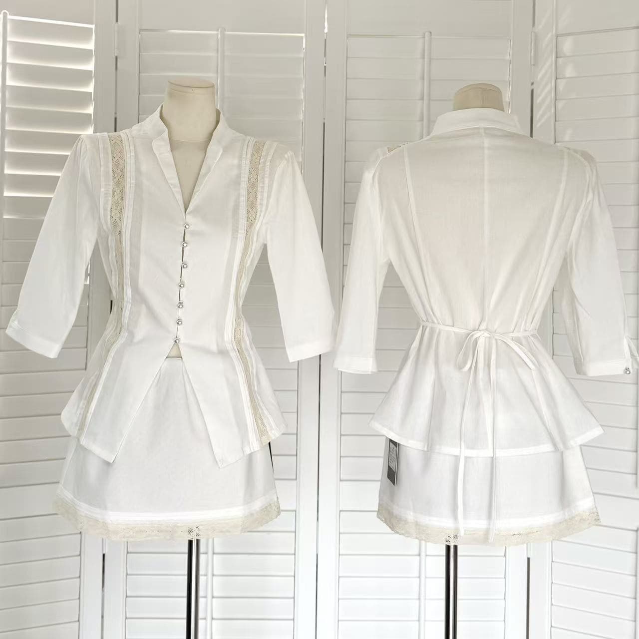 Xia Feng's letter linen cotton V-neck shirt skirt women's summer lace splicing gentle temperament skirt suit
