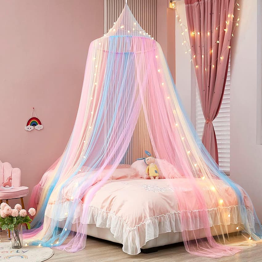 Colored hanging dome mosquito net with lights, girls colorful mosquito net bedspread princess bed canopy, children's bed canopy curtain