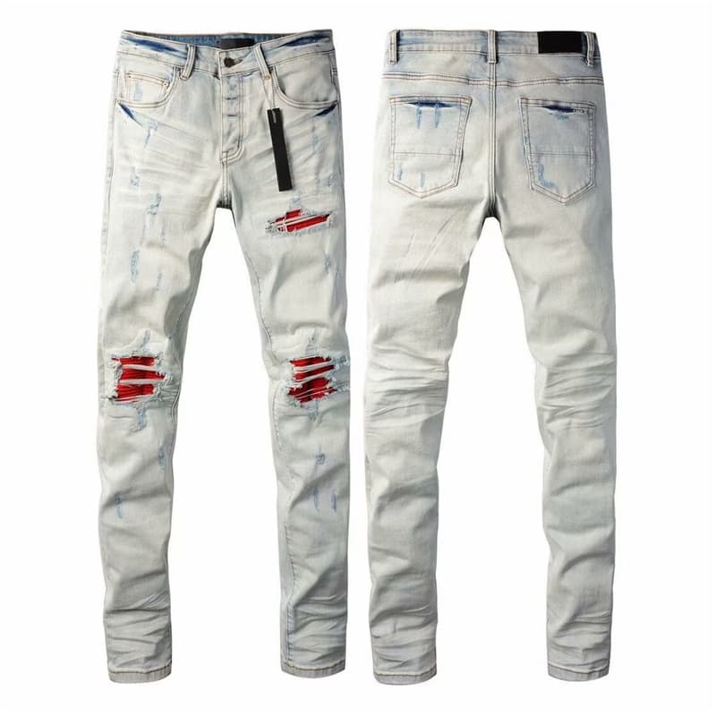 Trendy New High Street Am Jeans for Men with Ripped Embroidery and Leather Patches, Elastic Straight Slim Long Pants