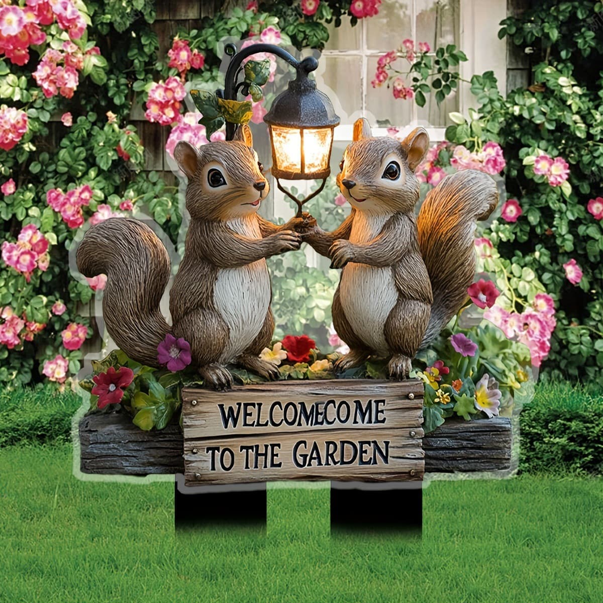 Two Little Squirrels Holding Hands Under Streetlight Outdoor Garden Courtyard Acrylic Ground Insert Decoration