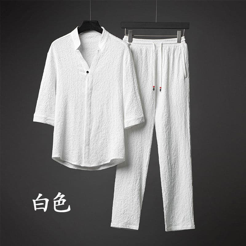 Summer Half Sleeve Ice Silk Linen Suit Men's Cotton Linen Two-Piece Set Plus Size Loose Middle Sleeve T-Shirt Sportswear