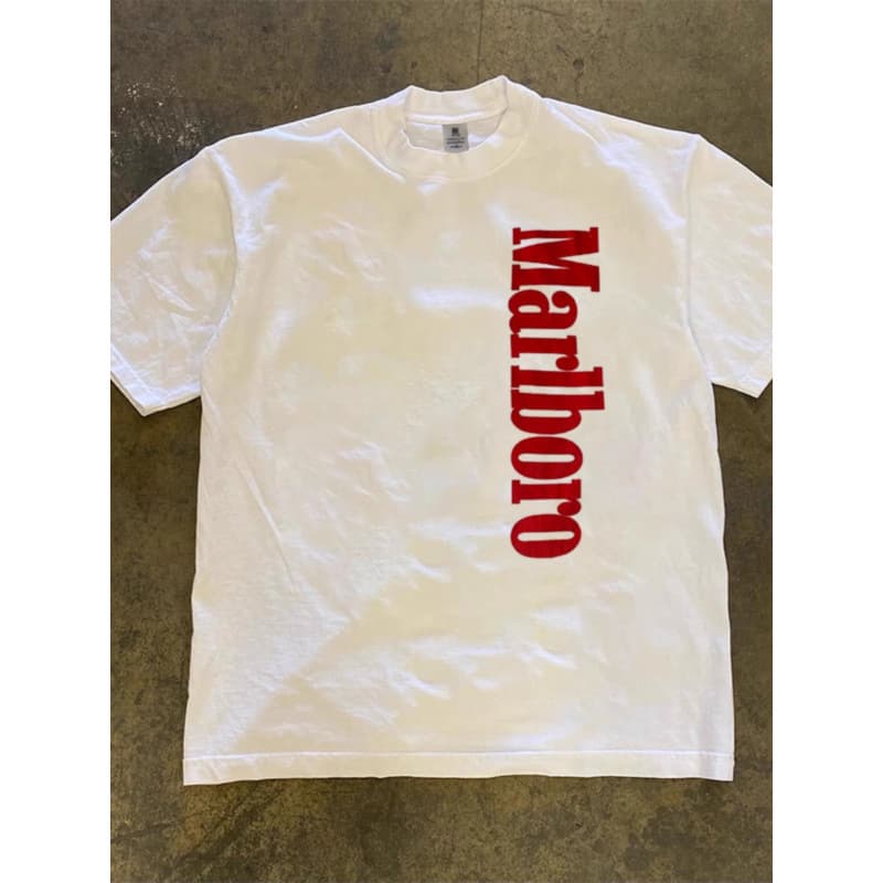 250g Trendy Marlboro Printed T-Shirt Short Sleeve Men's Summer Pure Cotton Round Neck Half Sleeve Non-Transparent Non-Pilling