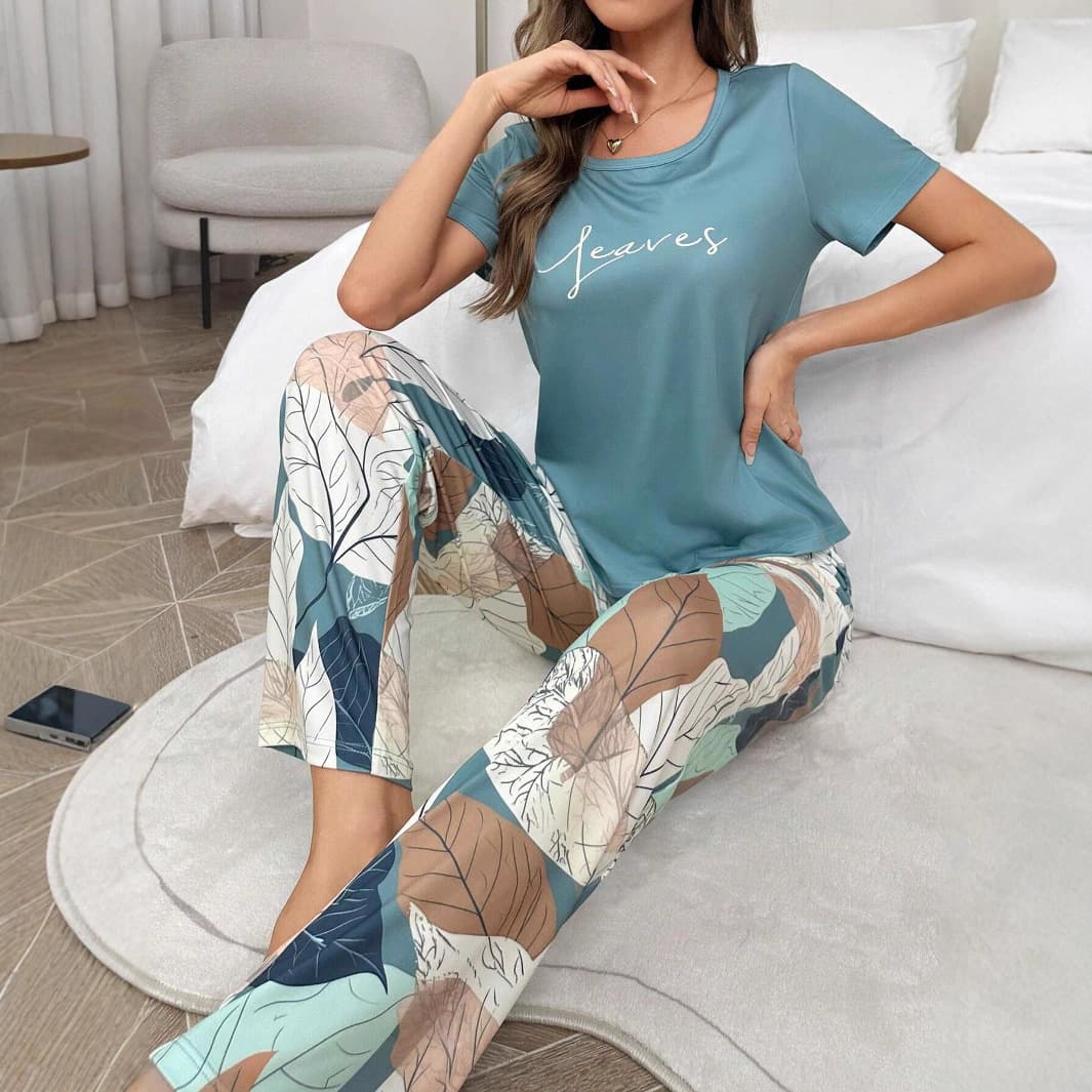 2025 European and American cross-border new spring and summer short-sleeved trousers suit round neck comfortable fashion loose digital printing