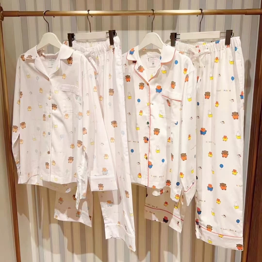 Autumn Cardigan Loungewear Set for Women - Soft, Skin-Friendly Cotton with Miffy Rabbit Print, Notched Collar, Long Sleeves and Long Pants Pajama Set