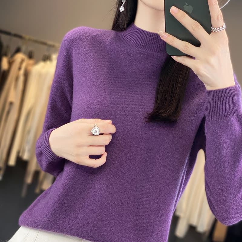 Autumn/Winter New Style Half-High Neck Sweater for Women, Loose Fit Pullover Knitwear, Ready-to-Wear, Long Sleeve, 100% Wool