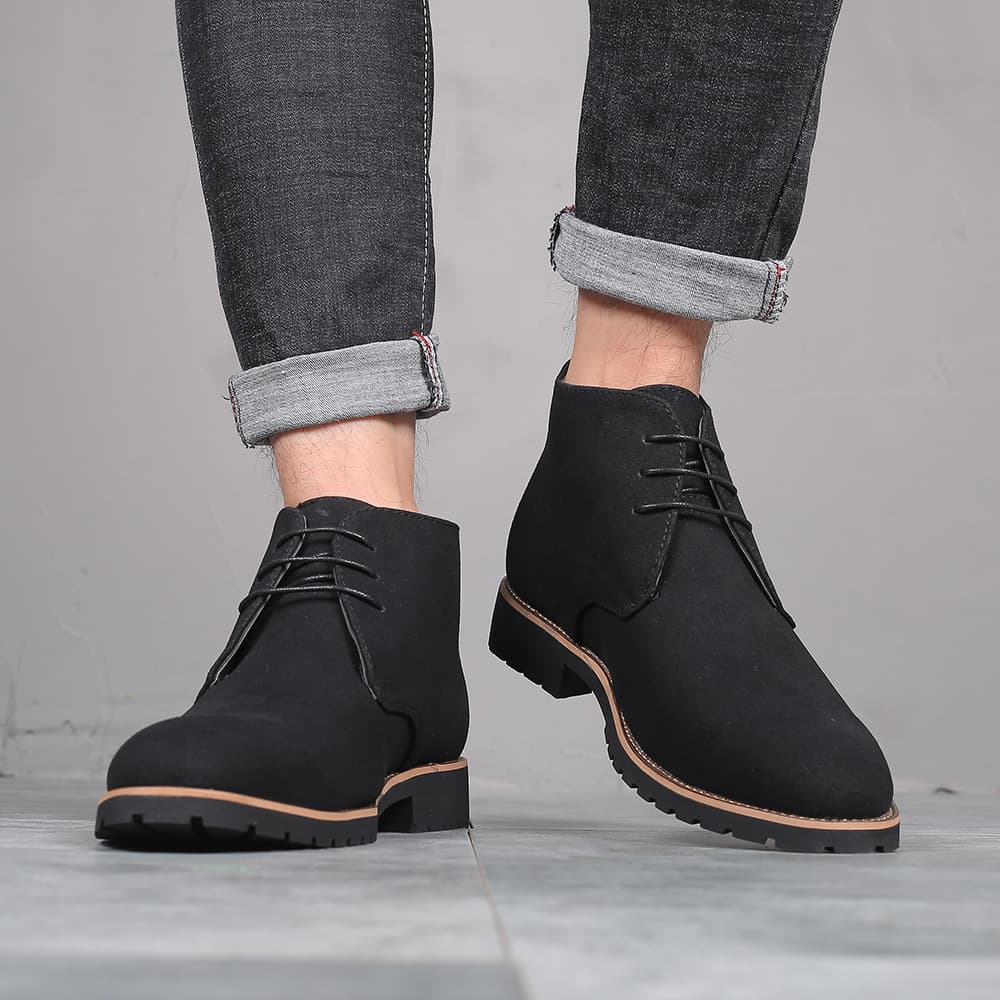 In Stock Autumn Men's Pointed Toe Casual Men's Leather Boots, Front Lace-Up Low Heel Large Size Martin Boots, Suede Men's Shoes Amazon