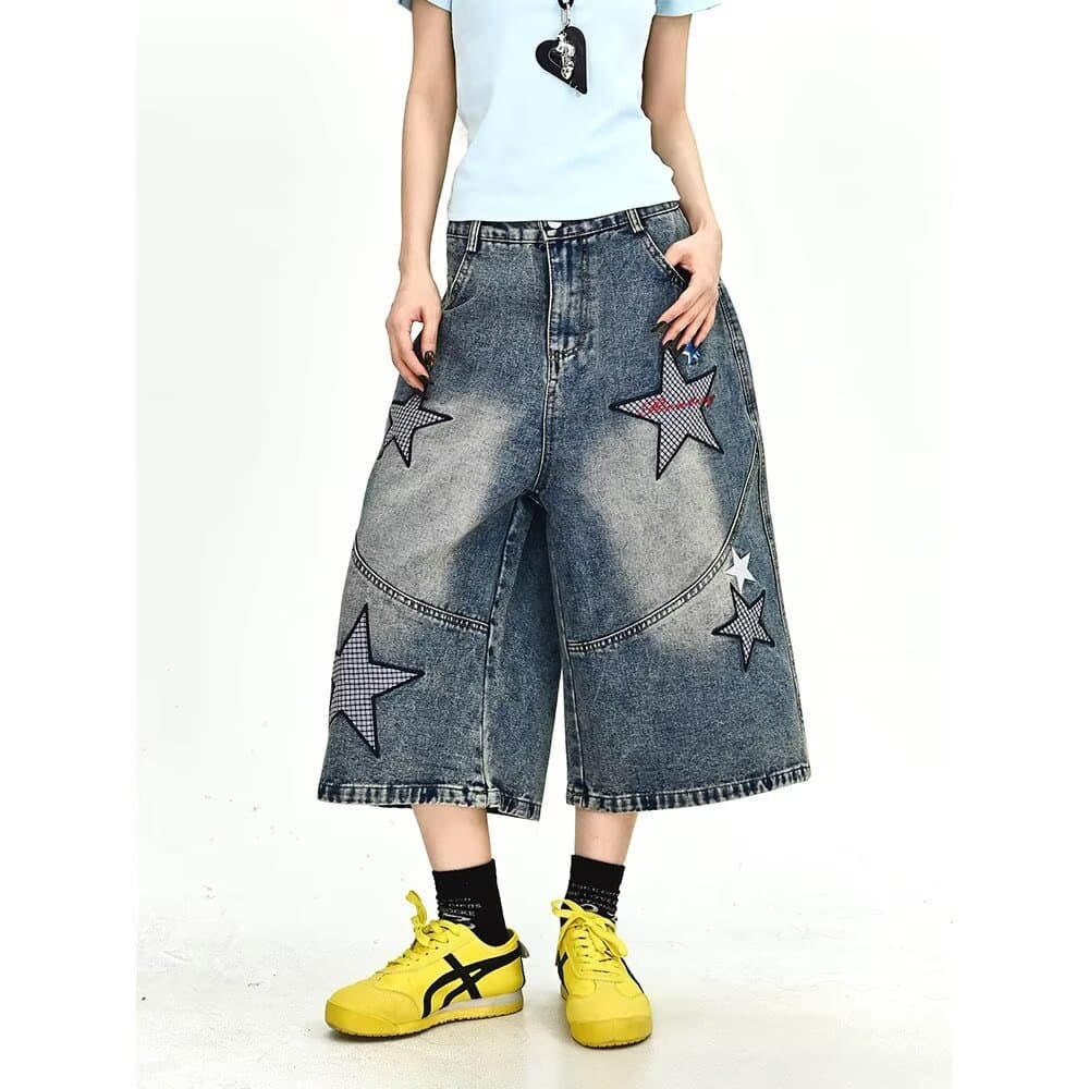 Mengpai/Star Denim Cropped Pants Women's 2026 Summer New Loose BF American Retro Slim Wide Leg Pants Trendy