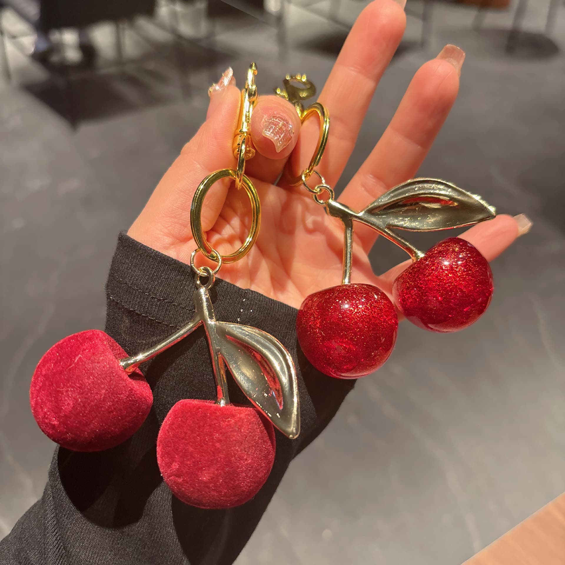 Resin Cherry Fruit Bag Charm Keychain Cross-border Trendy European and American Fashion Flocked Cherry Decoration