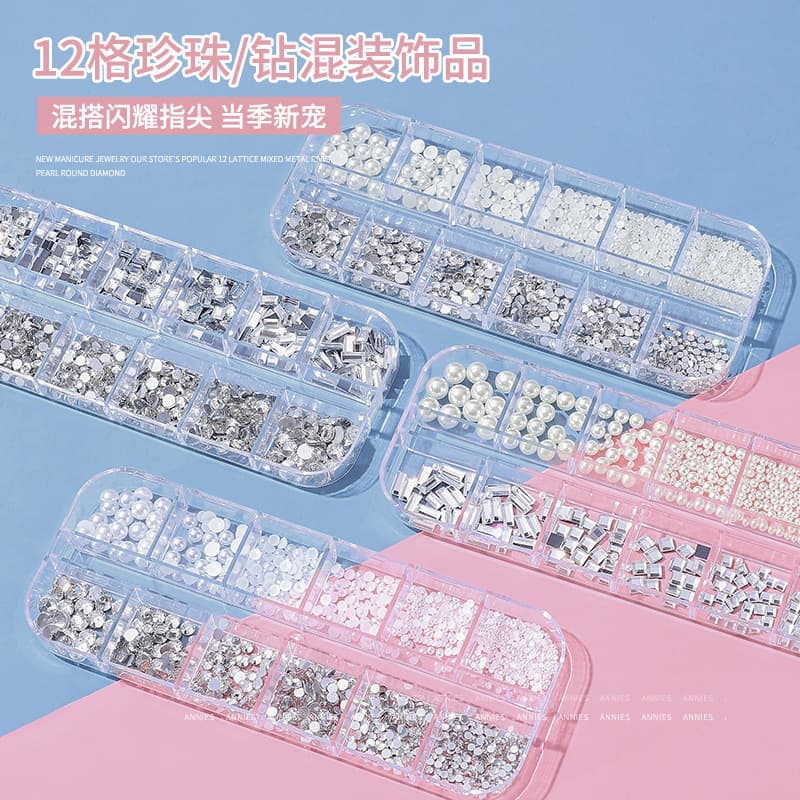 Trending 12-Grid Nail Art Charms Mixed Small Pearls Rhinestones Flat-Back Super Shiny Crystal Nail DIY Decorations