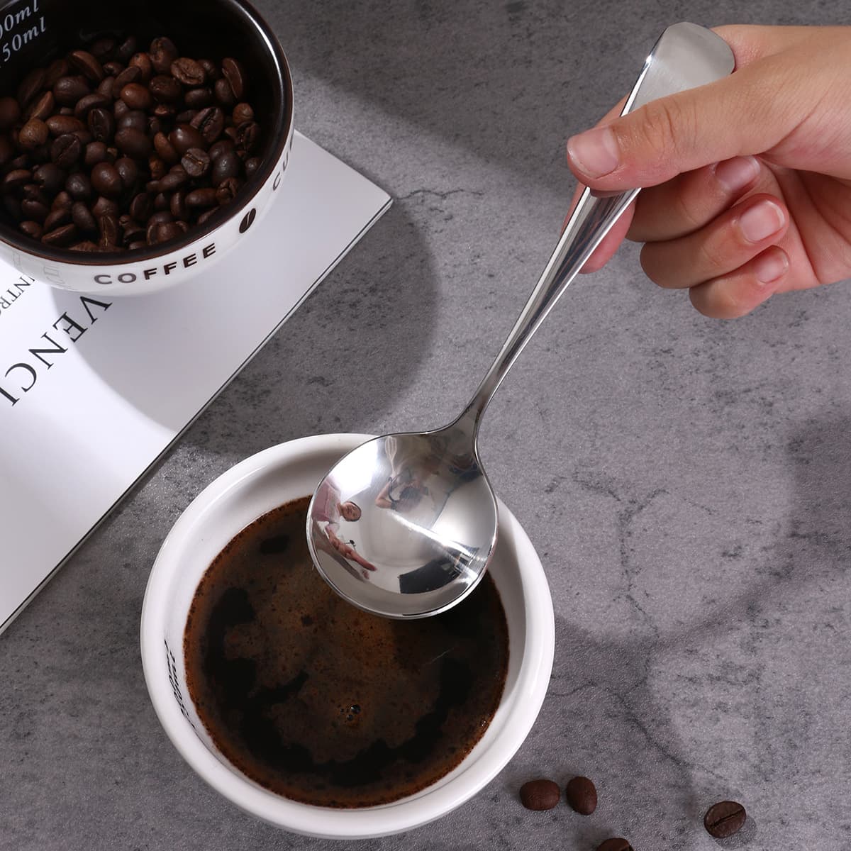 Stainless Steel Coffee Scoop 304 Round Head Dessert Spoon Barista Testing Spoon Thickened Stirring Spoon Heat-Resistant Spoon Internet Famous Style