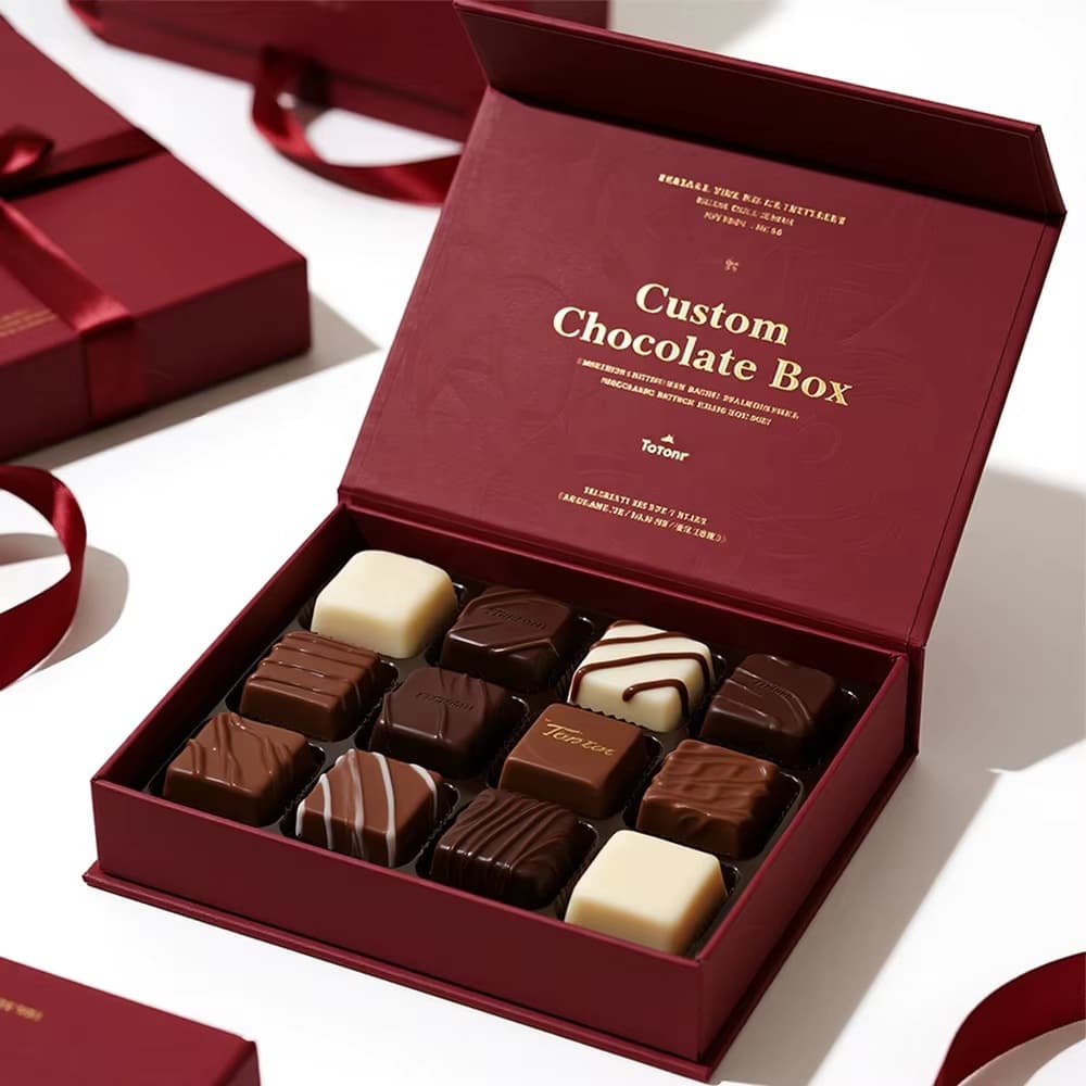 Custom Luxury Waterproof Chocolate Gift Box with Sponge Lining and Matte Laminated Burgundy Candy Magnetic