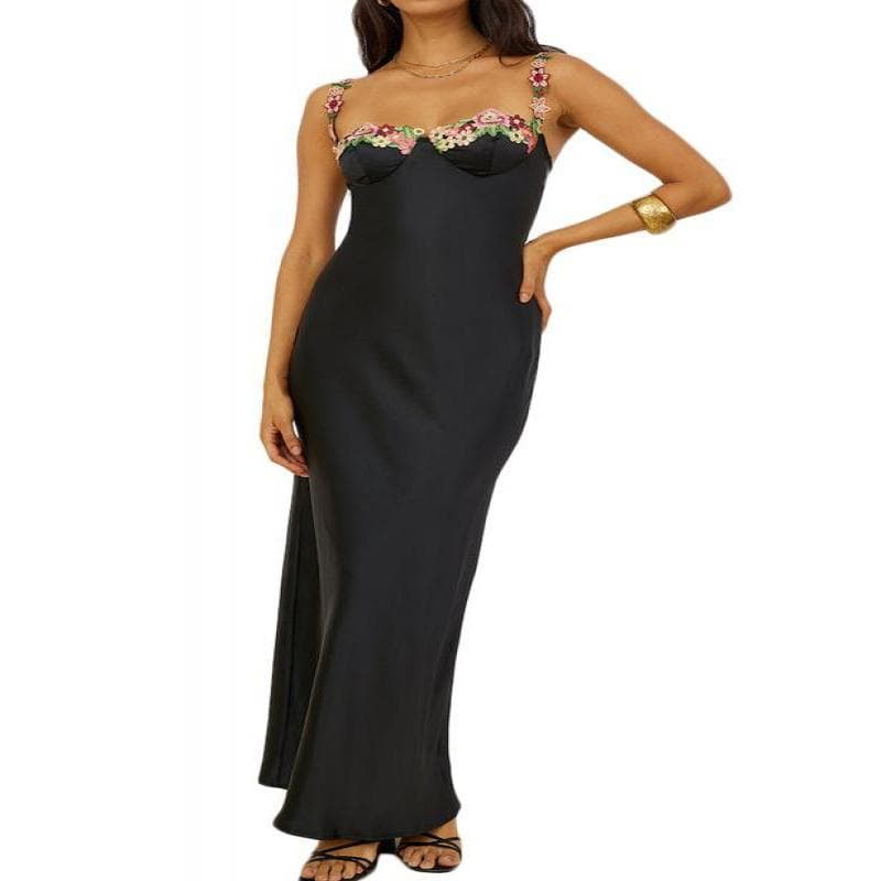 Sexy Satin Spaghetti Strap Floral Embroidered Dress