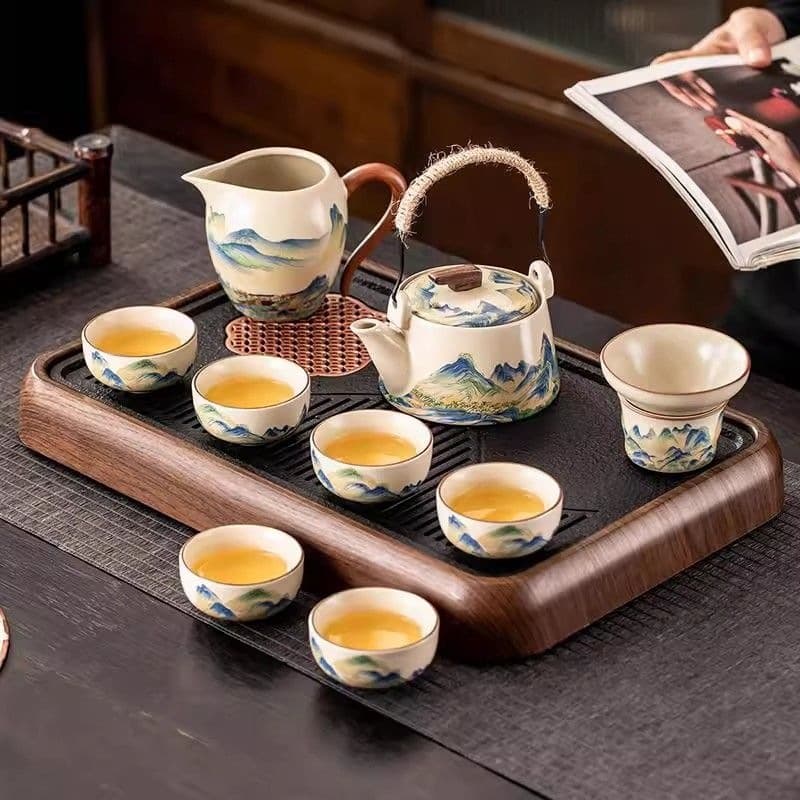 Qianli Jiangshan Ru Kiln Xishi Pot Kung Fu Tea Set, Complete Set of Teapot and Teacups, High-End Gift Box for Elders
