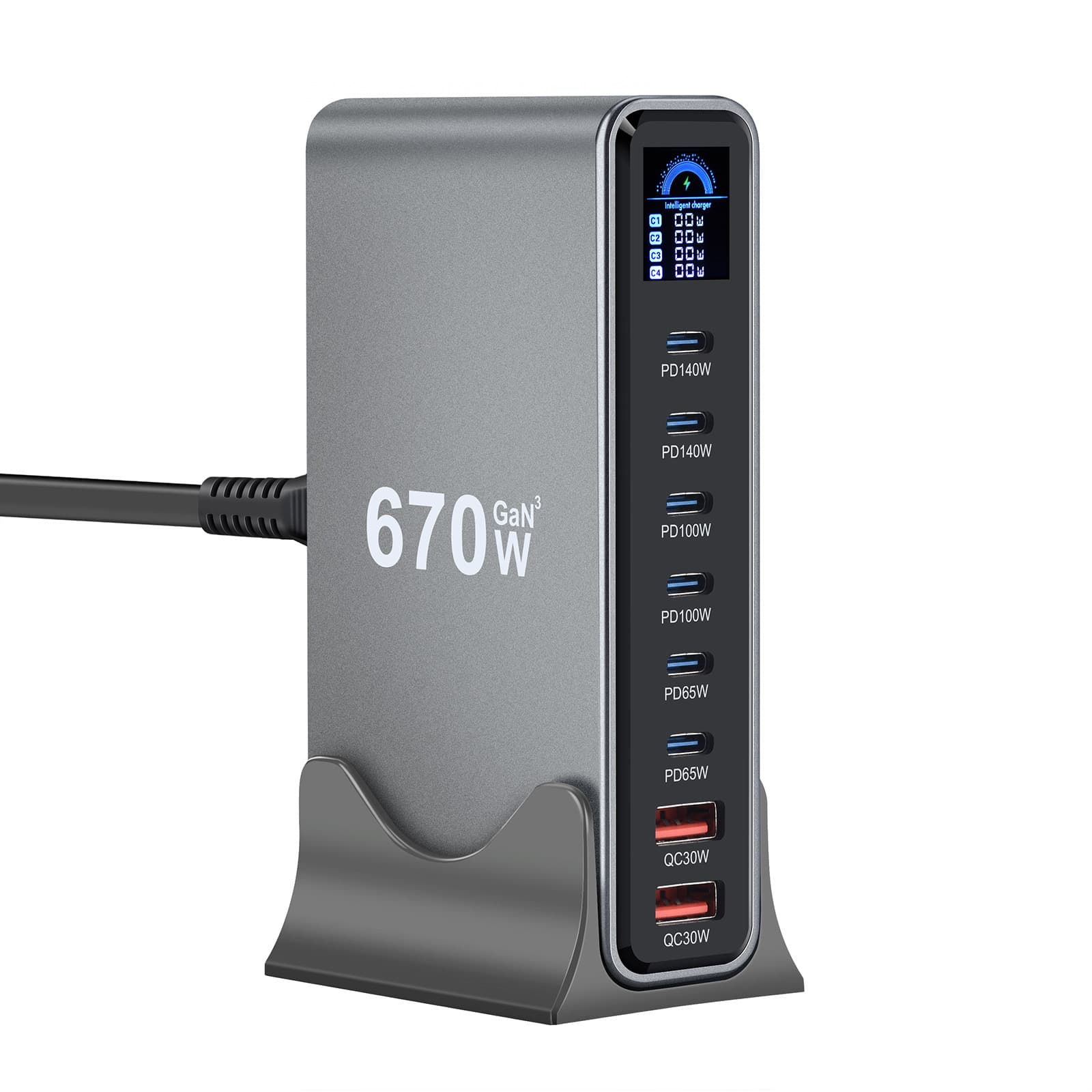 670W digital display screen multi-function desktop charger 540W gallium nitride multi-port adapter LCD screen smart charger