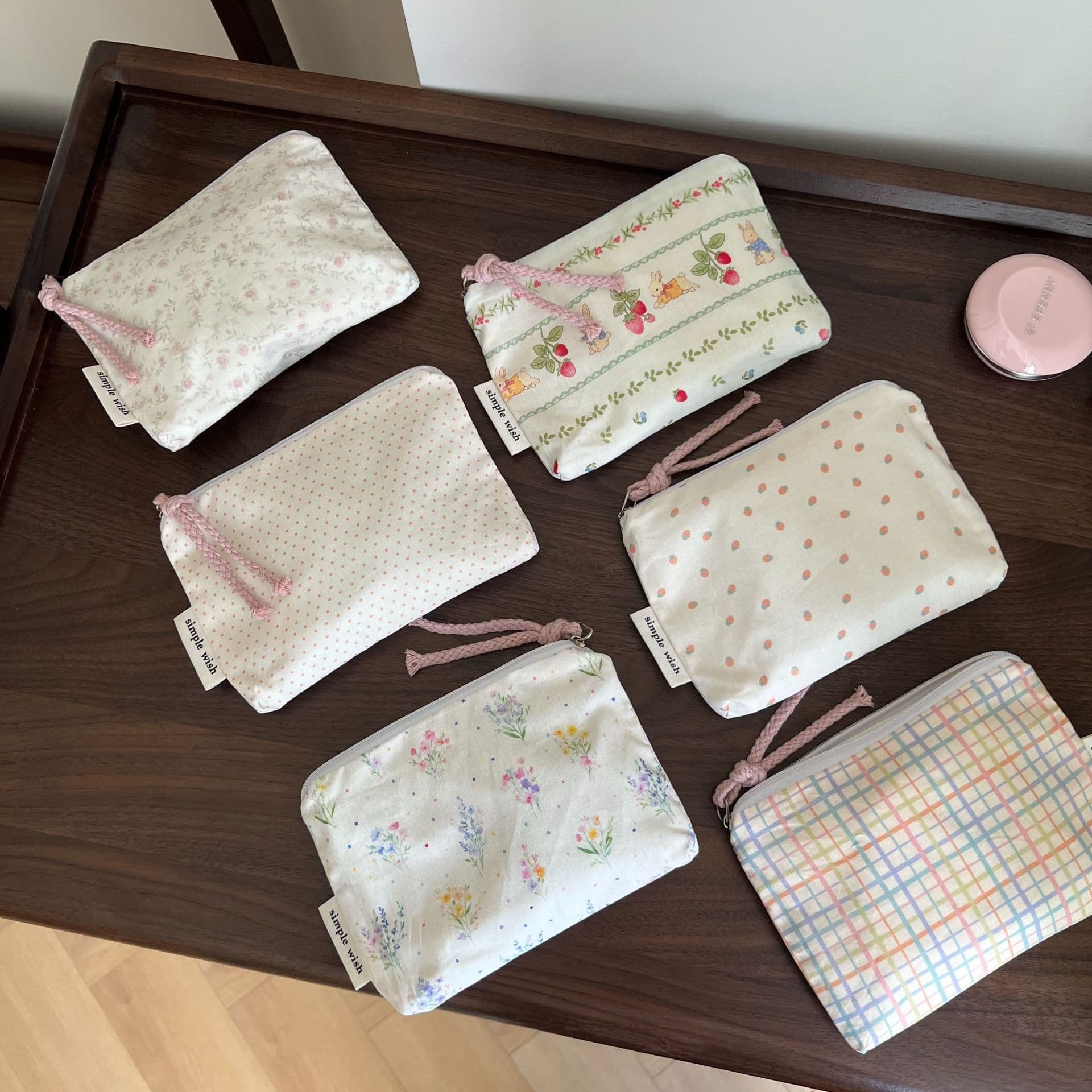 【Su Xi Fabric Bag】Light Pink Polka Dot Floral Combination Coin Purse Mini Zipper Small Fabric Bag Menstrual Bag