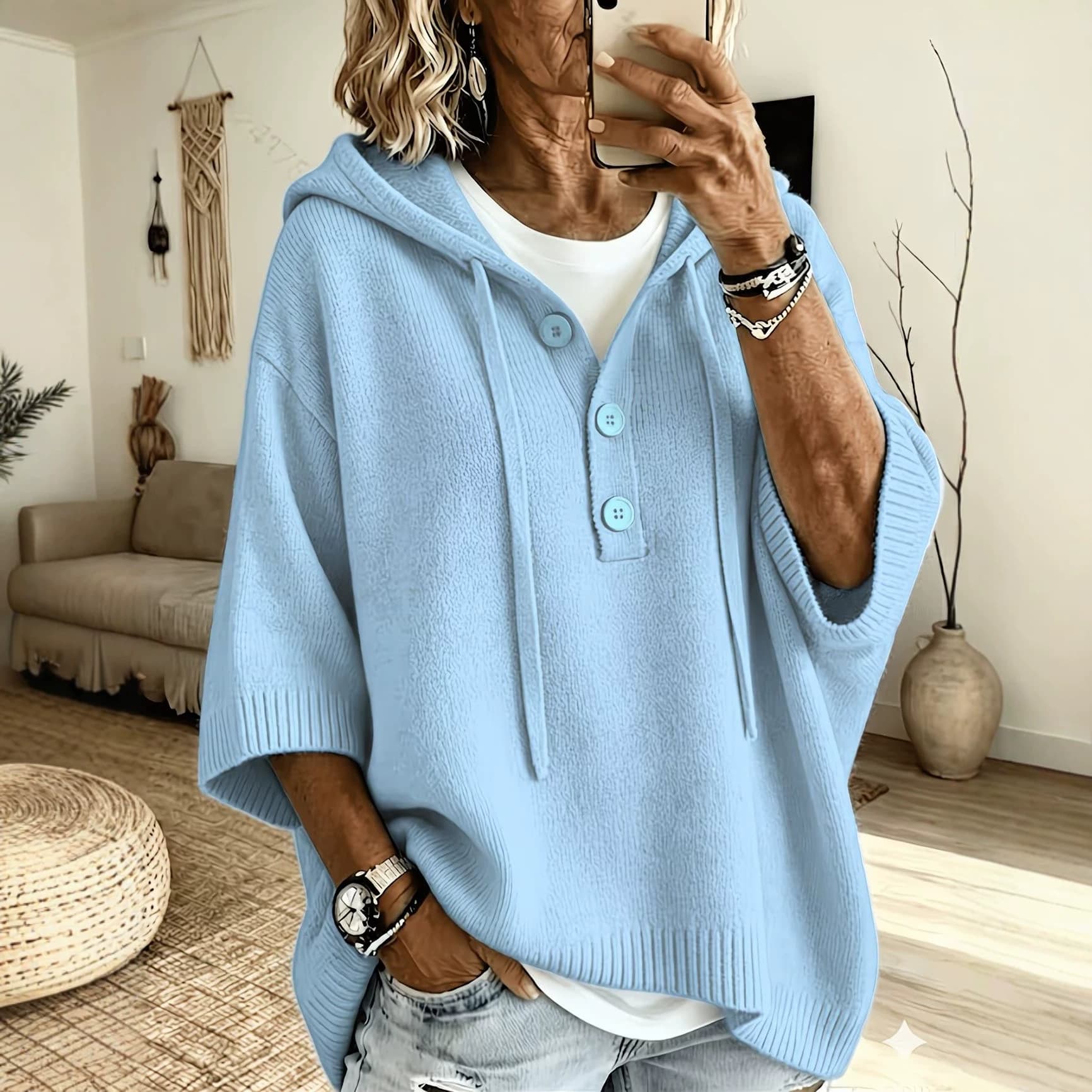 2026 European and American Button Knit Hooded Half-Zip Lazy Style Sweater Autumn Winter New Cross-Border Solid Color Versatile Women's Clothing