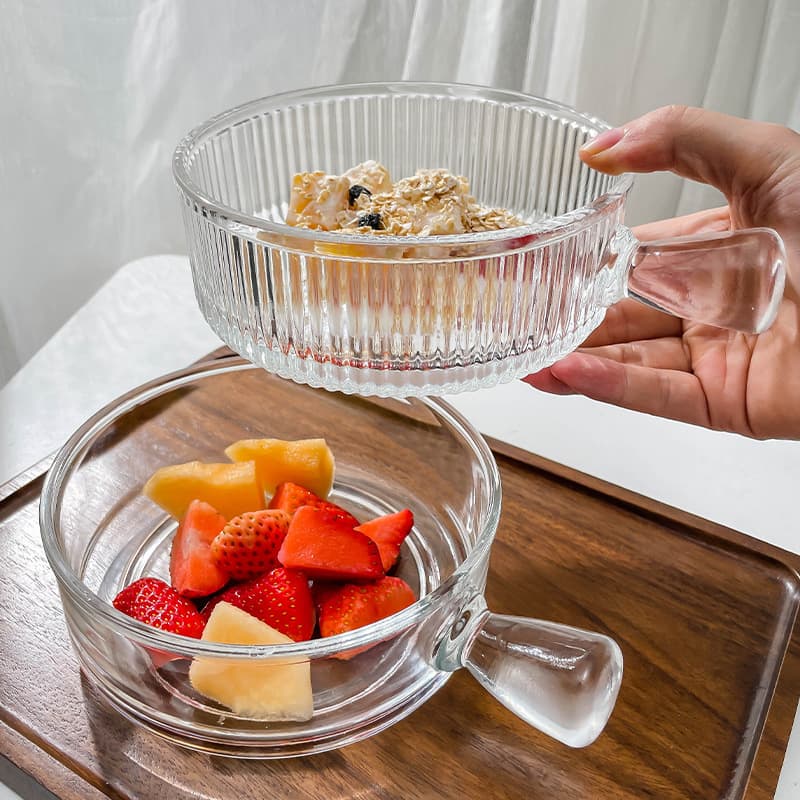 Glass bowl dessert fruit and vegetable salad bowl handle breakfast bowl household wholesale instant noodle bowl striped bowl