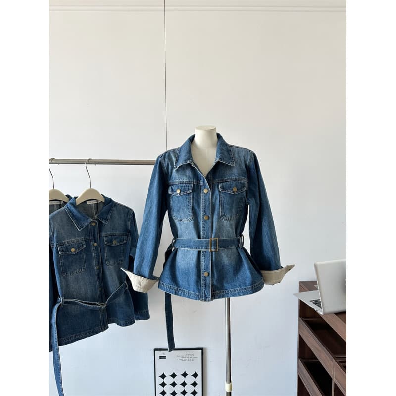 Senna Retro Denim Shirt Jacket Women's Spring New Lapel Tie Waist Slim Versatile Jacket Top