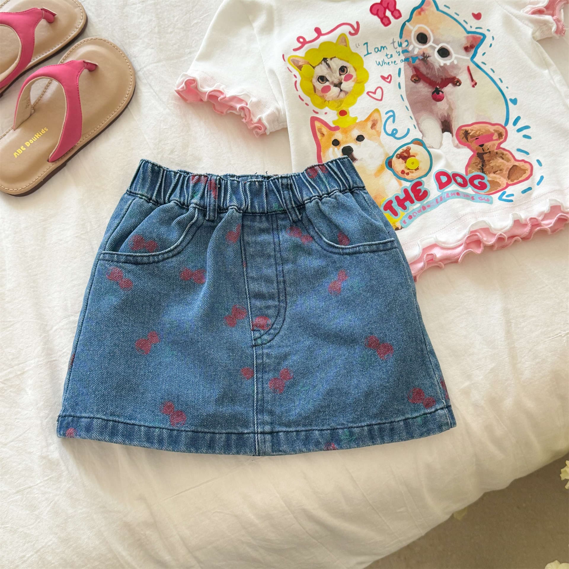 Timo Girls' Children's Clothing Summer Short Skirt Fashionable Cartoon Embroidery Baby Denim Skirt