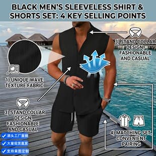 European and American Cross-Border Summer Fashion Men's Sleeveless Stand Collar Shirt Vest and Shorts Set Casual Sports Beach Set