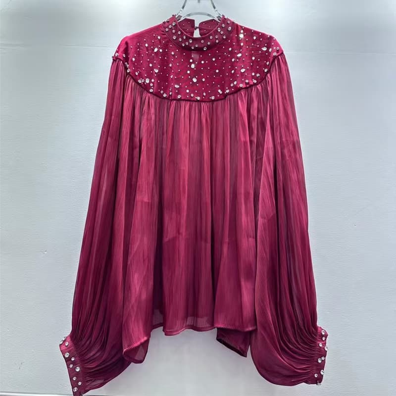 European New Style Stand Collar Heavy Rhinestone Sparkle Lantern Sleeve Sweet Retro Chic Blouse
