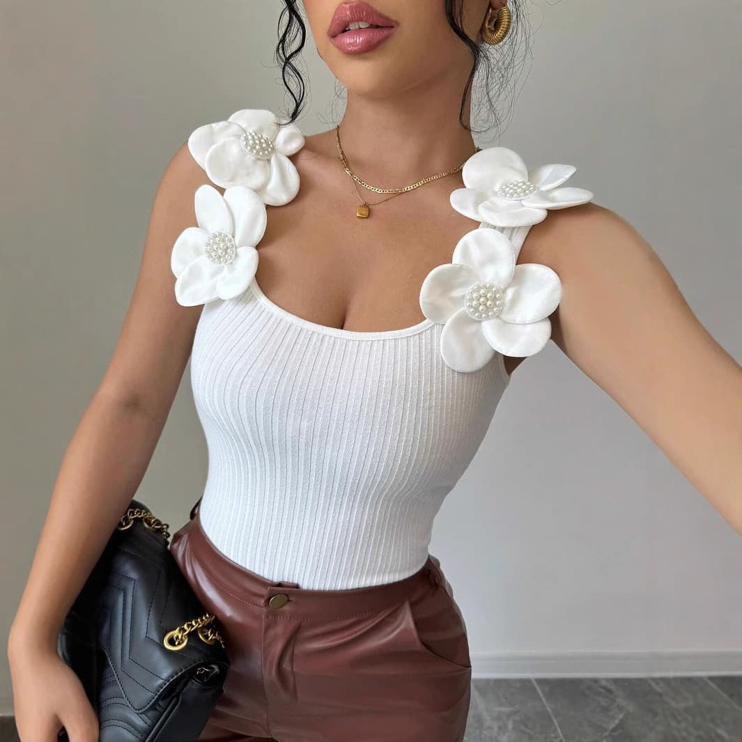 2025 European and American Cross-border Vest Women's Summer New Elegant Casual Three-dimensional Flower Decorative Knitted Sleeveless Top