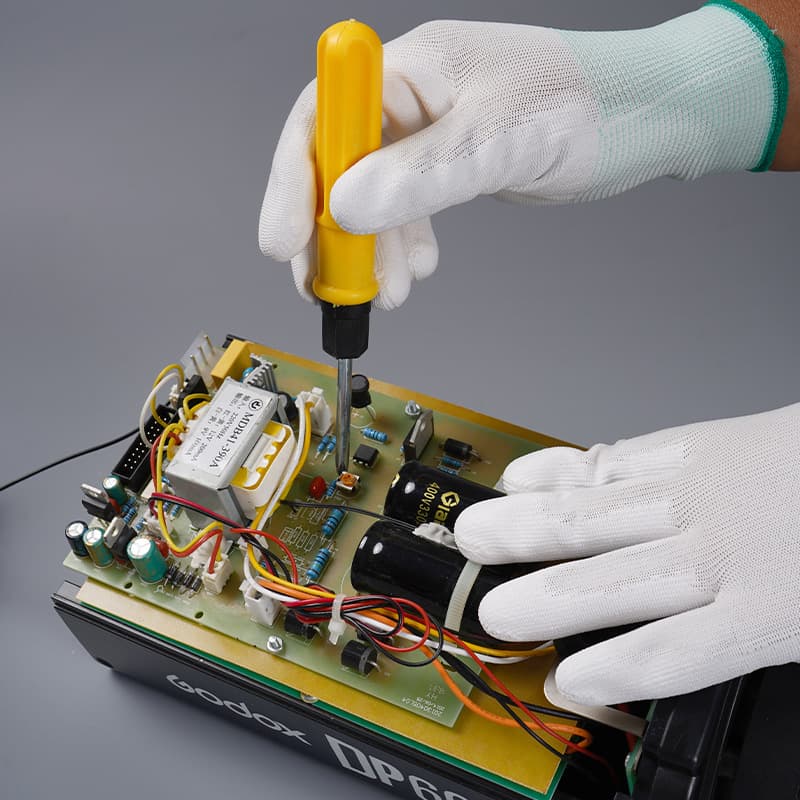 Polyester coated palm knitted gloves with anti-slip palm coating, flexible fit, protective gloves for small parts assembly