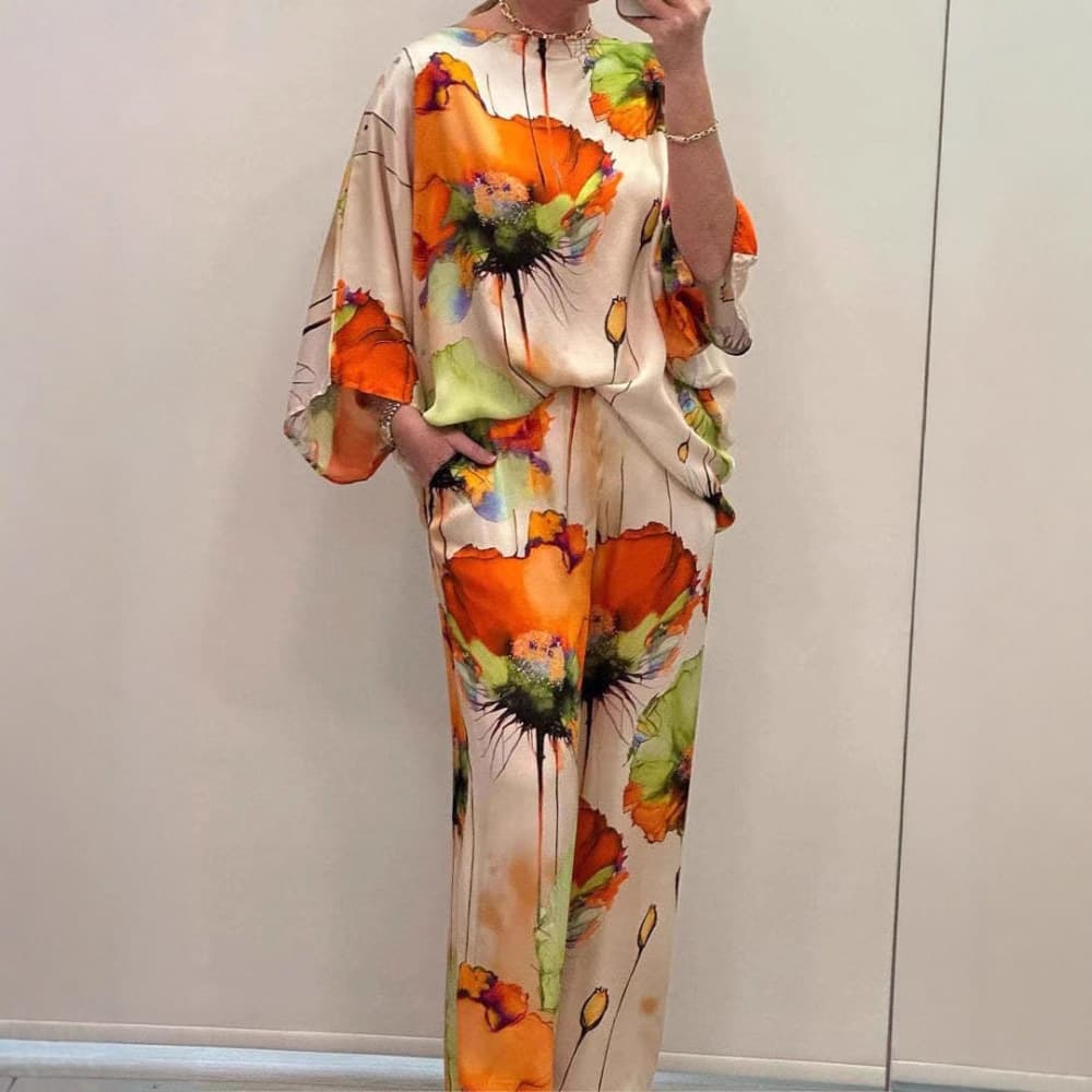 2025 New European and American Factory Direct Amazon Fashion Batwing Sleeve Top + Elastic Waist Wide-Leg Pants Set