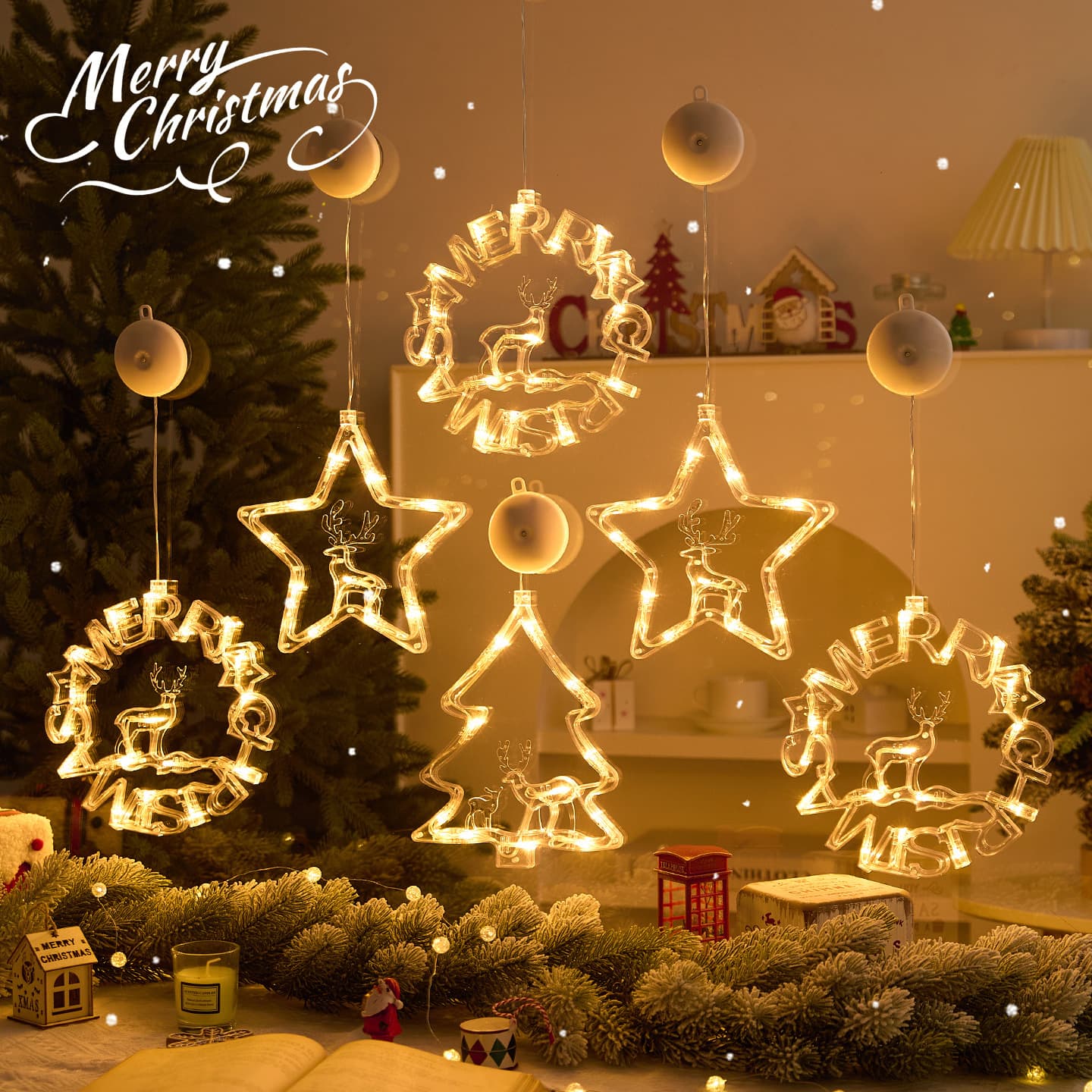 Cross-Border New Model LED Christmas Light String Five-Star Christmas Tree Suction Cup Lights Holiday Decoration Lights Window Display Lights