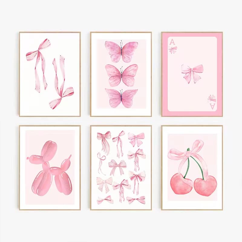 Nordic Dreamy Watercolor Pink Illustration Style Bow Living Room Bedroom Decoration Hanging Art Print Core Frameless Poster