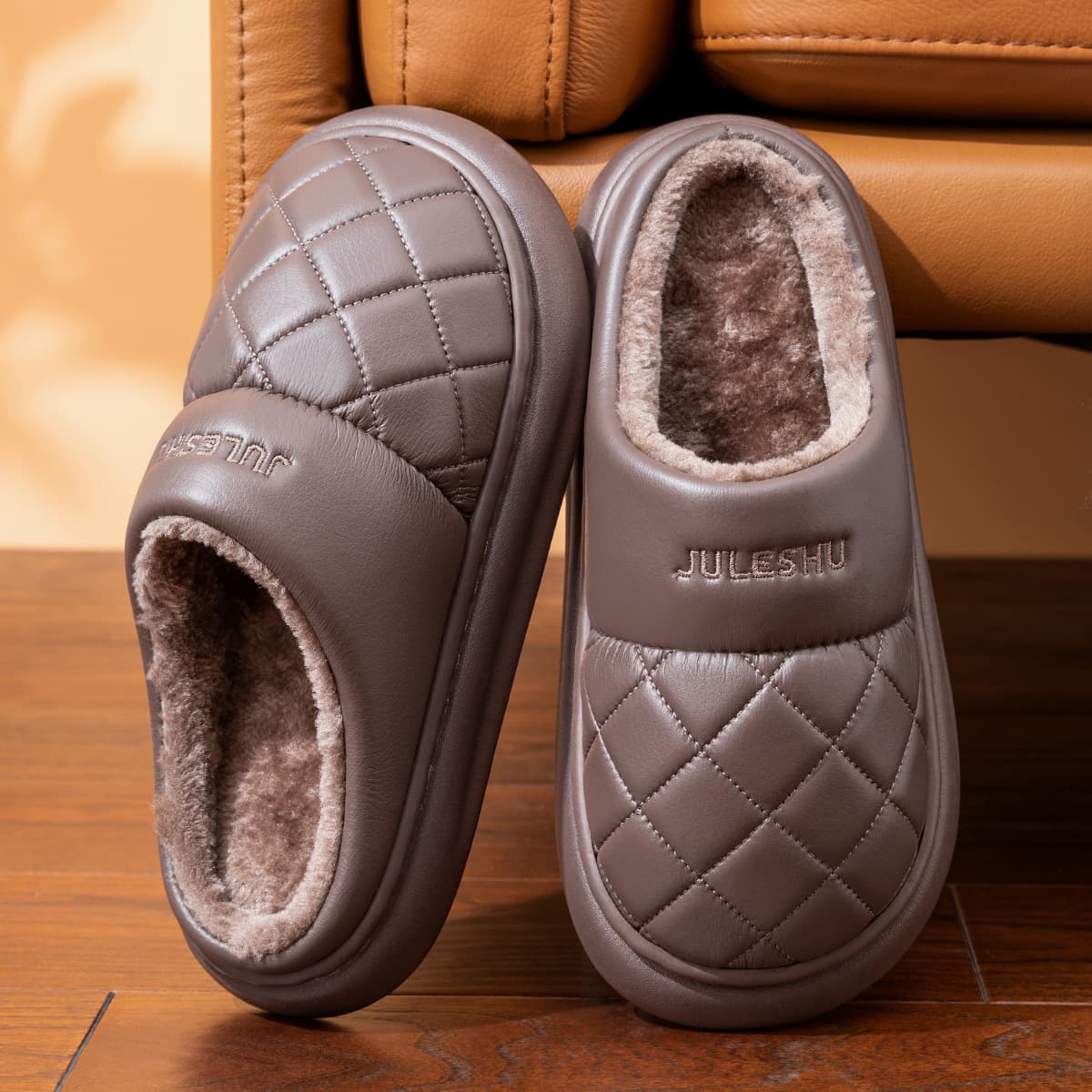 Waterproof Cotton Slippers for Men Autumn and Winter 2026 New Style Indoor Home Non-Slip Leather Thick-Soled Leather Slippers for Men Winter
