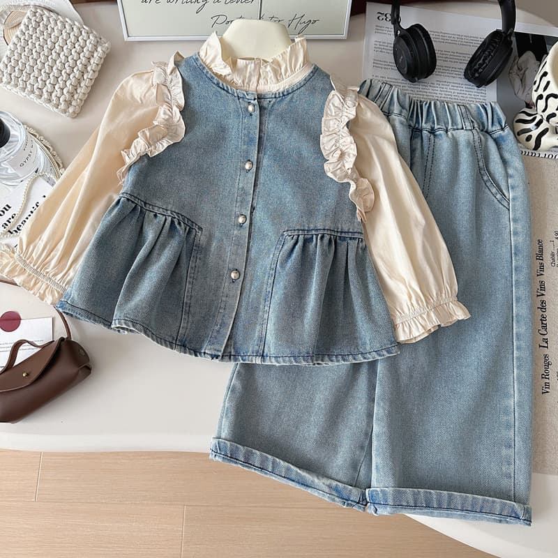 Girls Spring Denim Set 2026 New Stylish Children's Long Sleeve Shirt Lace Vest Wide Leg Pants 3-Piece Set