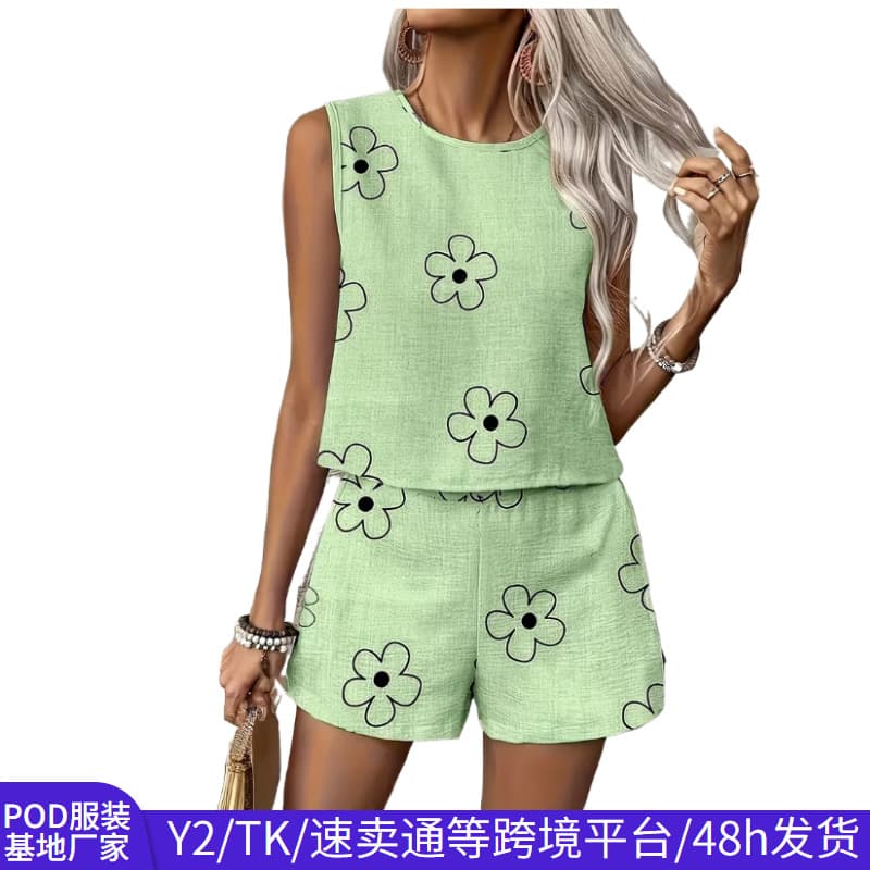 TEMU Cross-Border Summer New Women's Sleeveless Top and Shorts Set Digital Print Women's Matching Outfit for Summer