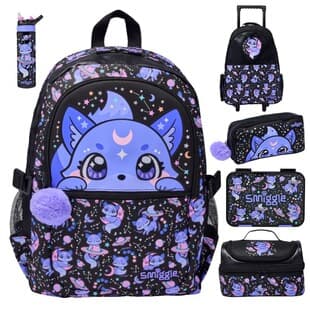 Australia Smiggle Blue Cat Cartoon Backpack Children Large Capacity School Bag Set with Pencil Case Lunch Bag and Trolley Bag