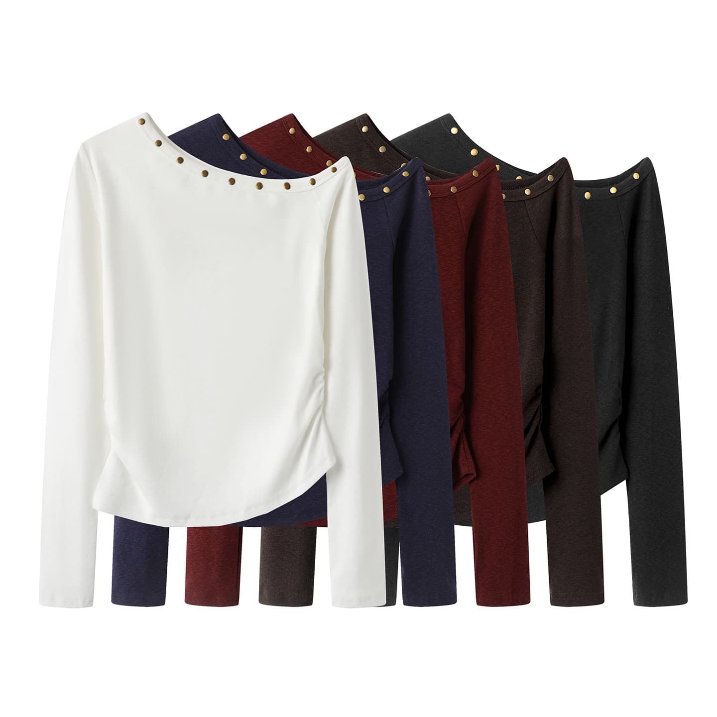 Designer Edgy Off-Shoulder T-Shirt 2025 Fall New Niche Studded Waist-Cinching Slimming Fitted Base Top