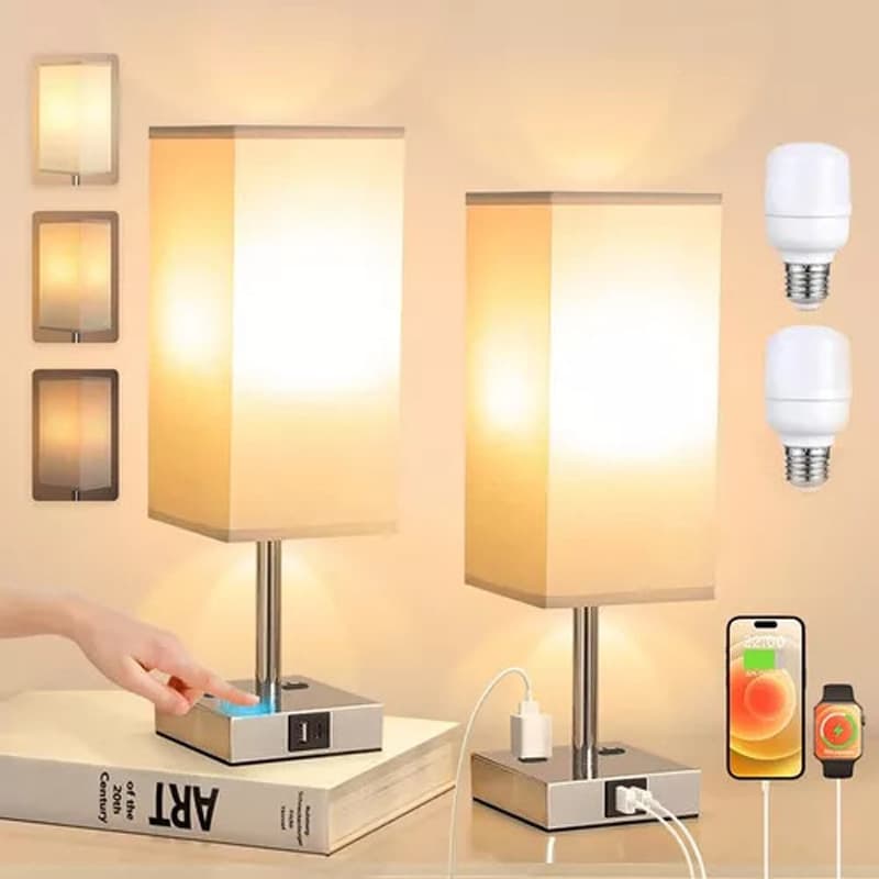 Cross-border exclusive Amazon fabric table lamp with touch dimming, A+C, USB 2-hole AC socket, suitable for bedroom bedside tables.