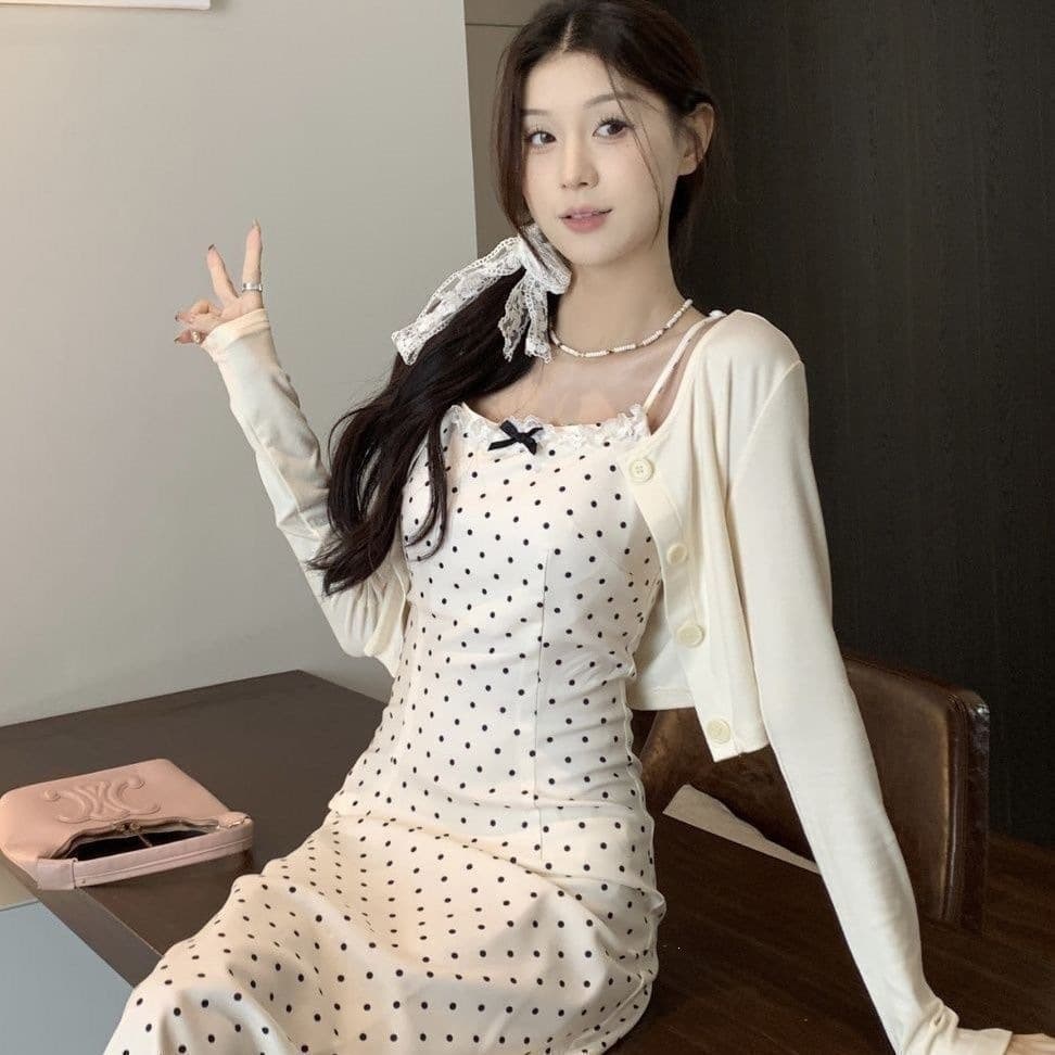 Gentle dress for women summer 2026 outfit girl polka dot suspender skirt fashion suit new style temperament waist