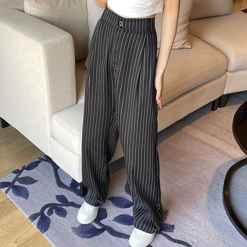 Cross-Border Striped Suit Trousers for Women, New Summer Style, Plus Size, Loose Wide-Leg Pants, High-Waist Casual Formal Pants