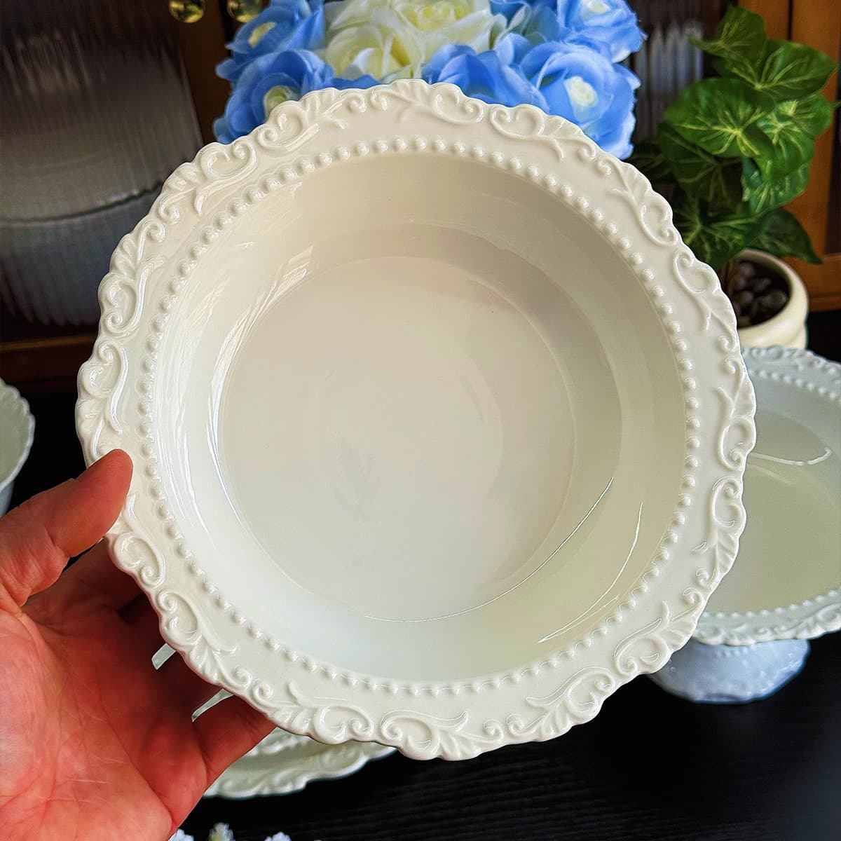 French-style embossed bead ceramic bowl, salad bowl, fruit bowl, large soup bowl, plate, soup bowl for home use